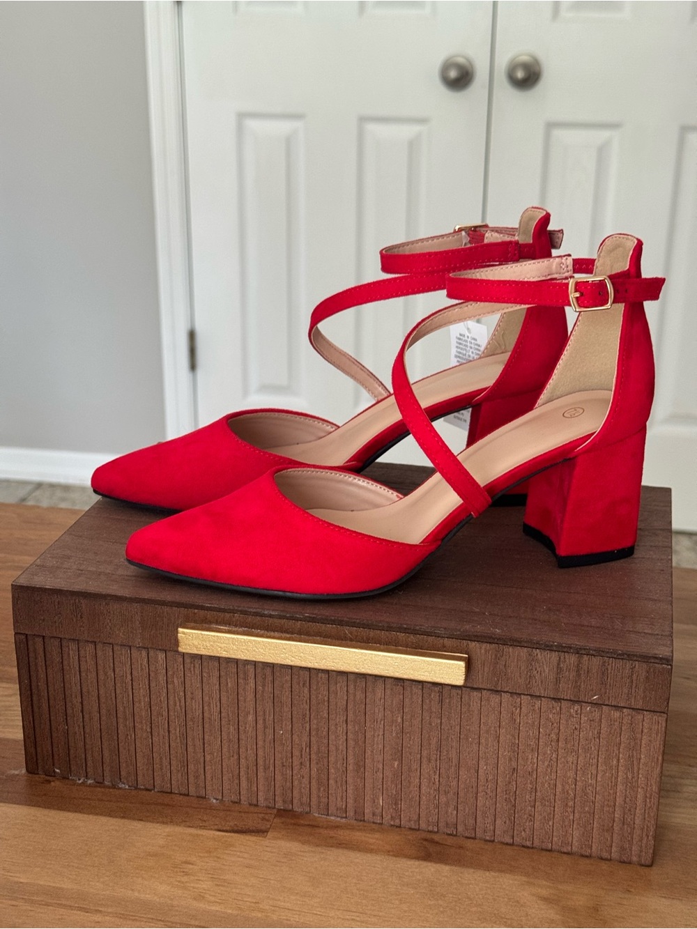 Red Strappy Block Heel Pumps